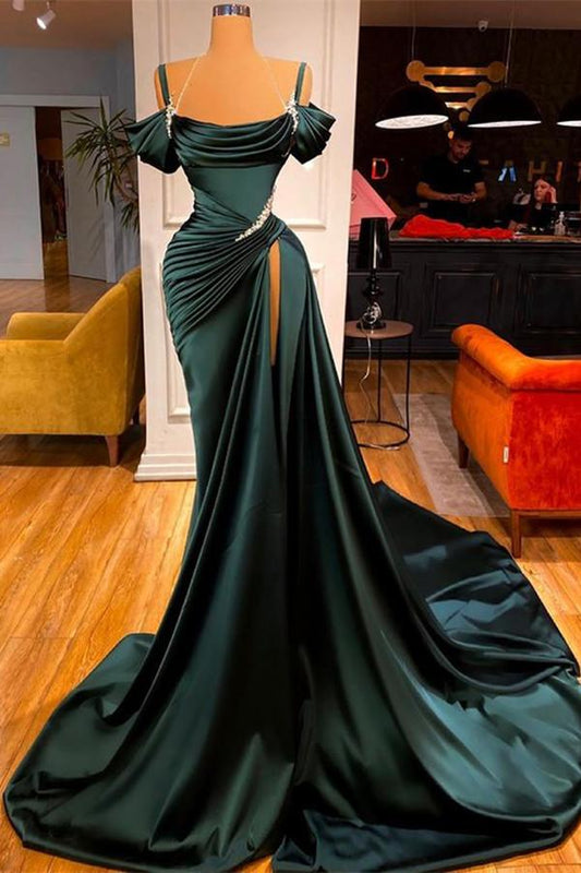 Gorgeous Dark Green Off-the-Shoulder Long Prom Dress With Slit Beadings
