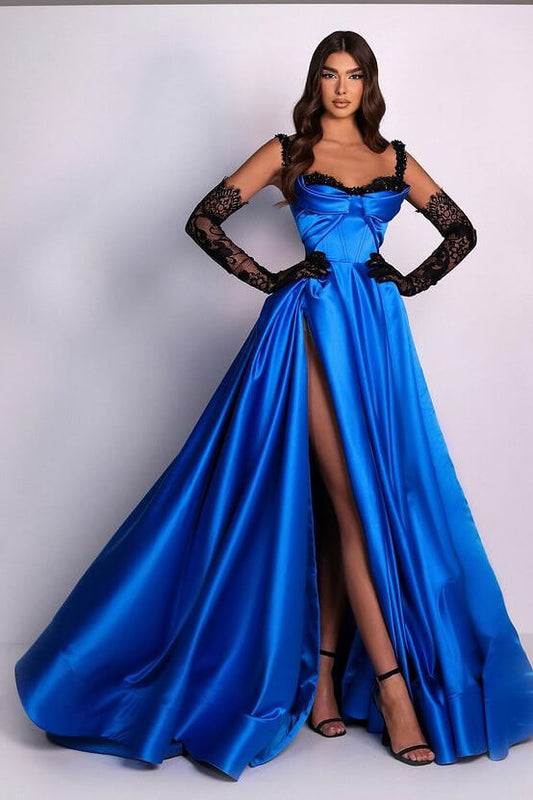 Gorgeous Straps Ocean Blue Prom Dress Long Split With Appliques