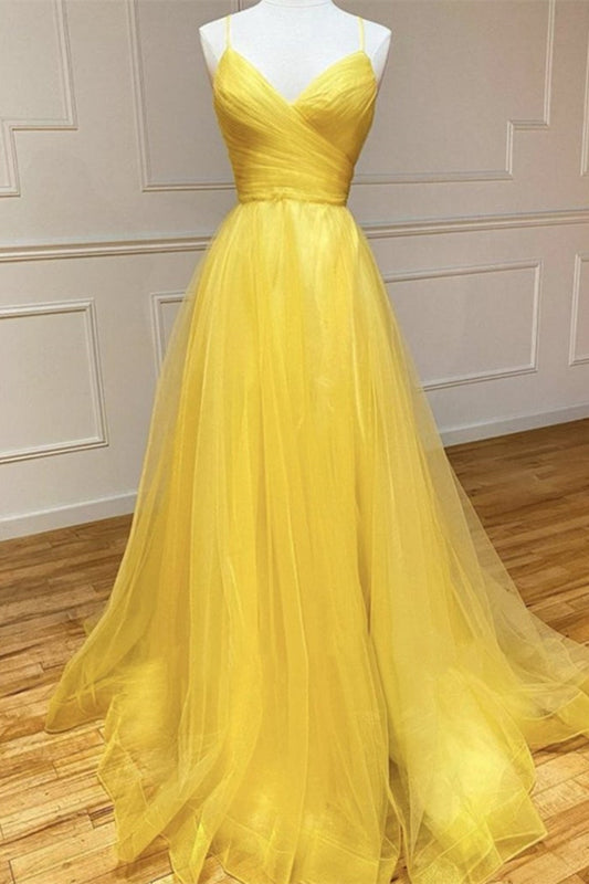 Fabulous Yellow Spaghetti-Straps Tulle Prom Dress String Back