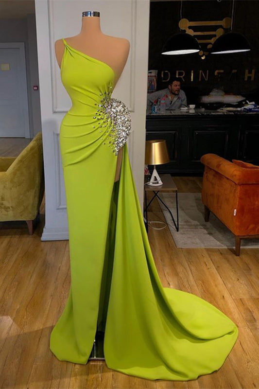 Modern One Shoulder Yellow Green Prom Dress Mermaid With Slit beads