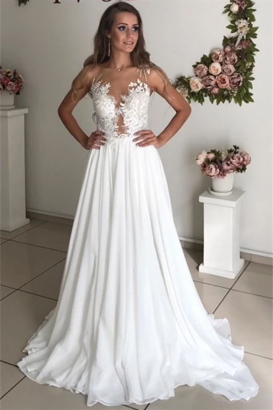 Sleeveless Chiffon Beach Wedding Dress with Elegant Appliques and Long Design