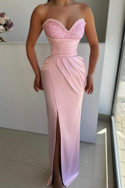 Gorgeous Pink Sweetheart Mermaid Prom Dress Pearls Sequins With Split