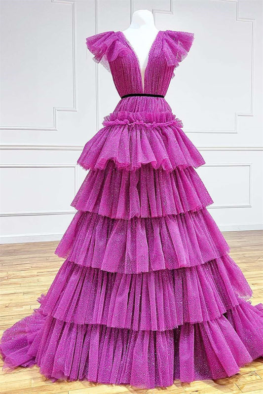 Gorgeous Hot Pink V-Neck Sleeveless A-Line Prom Dress With Tulle Layers