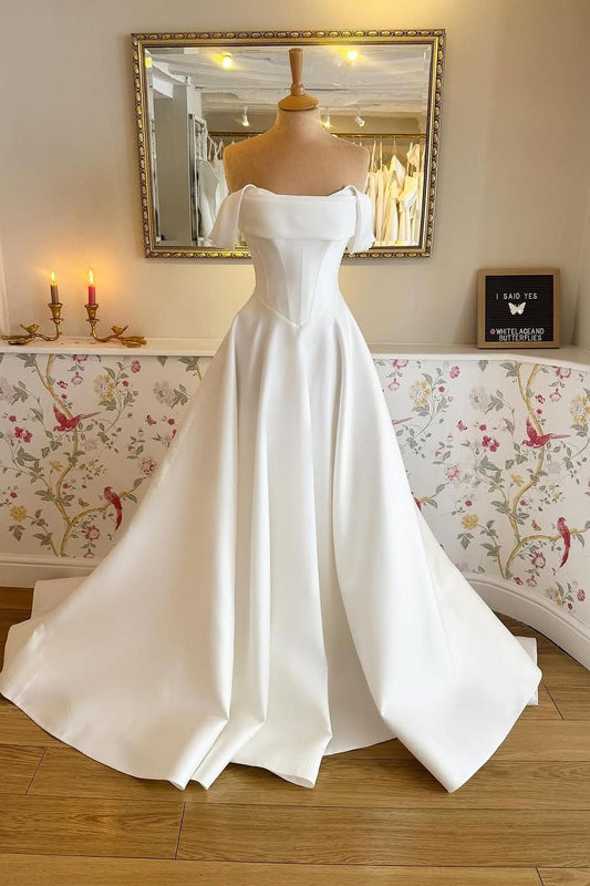 Elegant White Satin Strapless Off-the-Shoulder Long Wedding Dress with Pleated Details