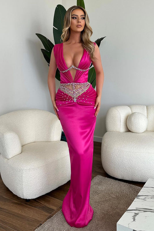 Popular V-Neck Sleeveless Mermaid Prom Dresses With Beadings Pleats On Sale