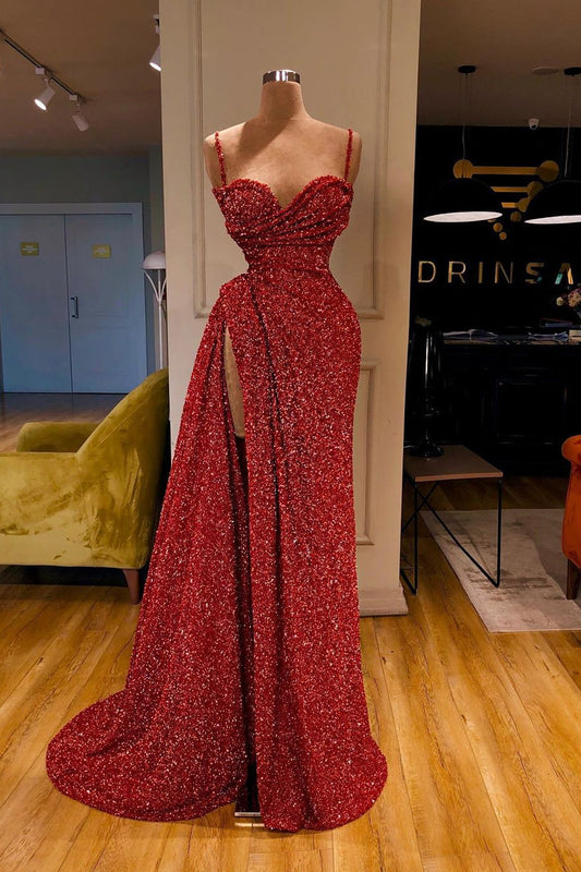 Charming Spaghetti-Straps Sleeveless Burgundy Prom Dress Long Sequins With Split