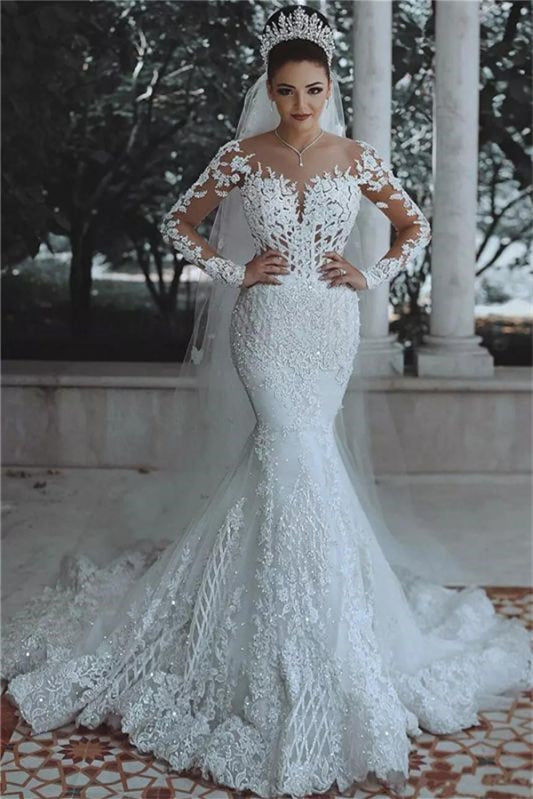 Elegant Mermaid Wedding Gown with Long Sleeves and Lace Appliques Ballbellas