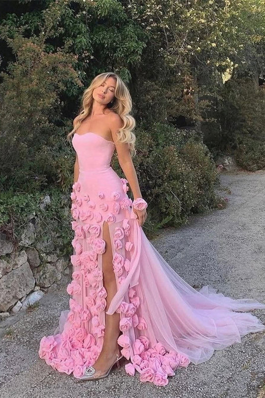 Gorgeous Pink Strapless Tulle Prom Dresses Long Split With Flowers
