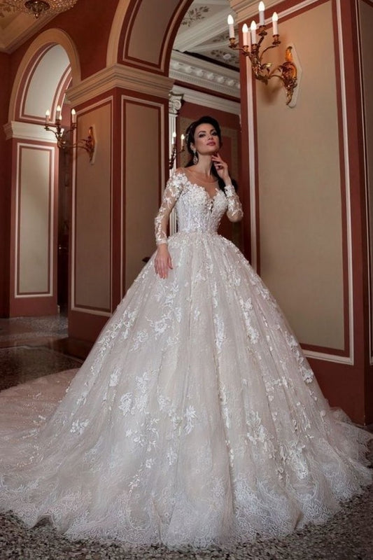 Elegant Long-Sleeve Wedding Dress with Beading and A-Line Lace Appliques