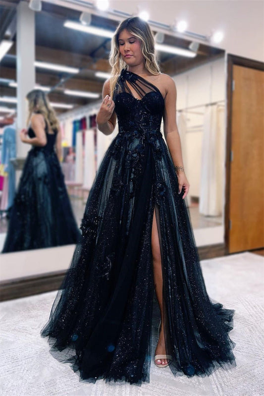 Elegant Dark Navy One Shoulder Prom Dress Long Tulle Slit With Appliques