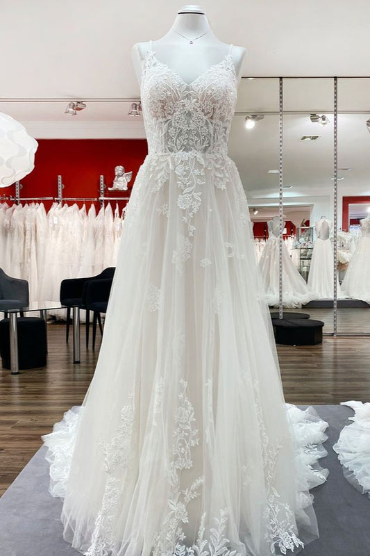 Elegant A-Line Wedding Gown with Long V-Neck and Lace Tulle Spaghetti Straps