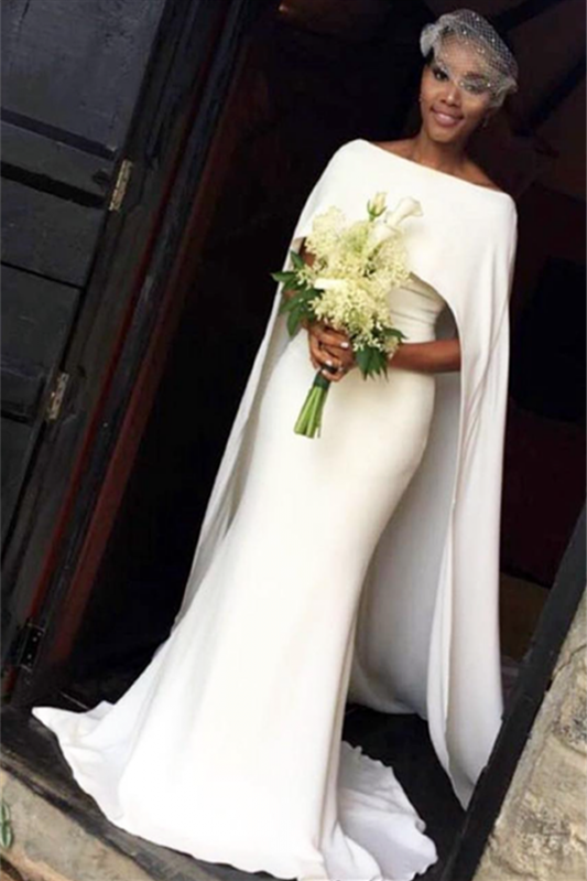 Ivory Summer Wedding Dress with Mermaid Silhouette and Cape