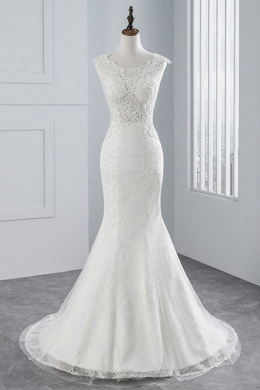 Elegant Sleeveless Long Mermaid Jewel Wedding Dress in Luxury Tulle with Appliques Lace