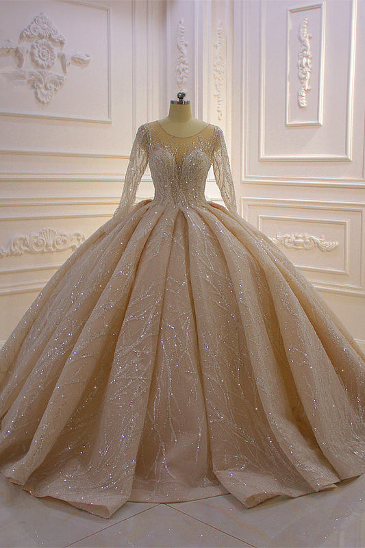 Elegant Bateau Floor-length Ball Gown with Long Sleeves and Ruffles
