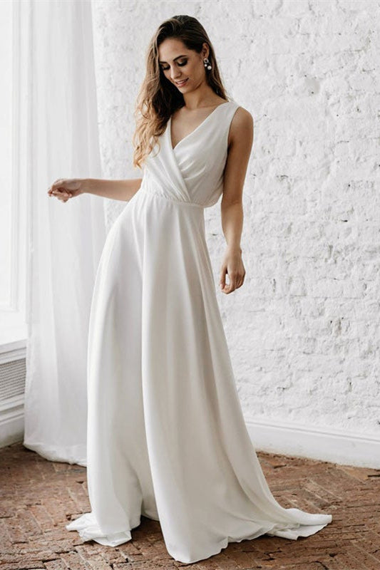 Long V-Neck Wedding Dress Without Sleeves
