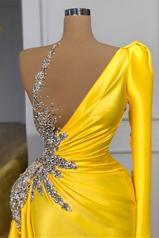 Gorgeous Long Sleeves Yellow Mermaid Prom Dress With Beads