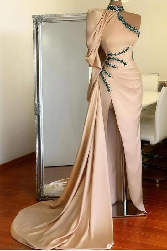 One Shoulder Long Sleevess Beadings Mermaid Prom Dress