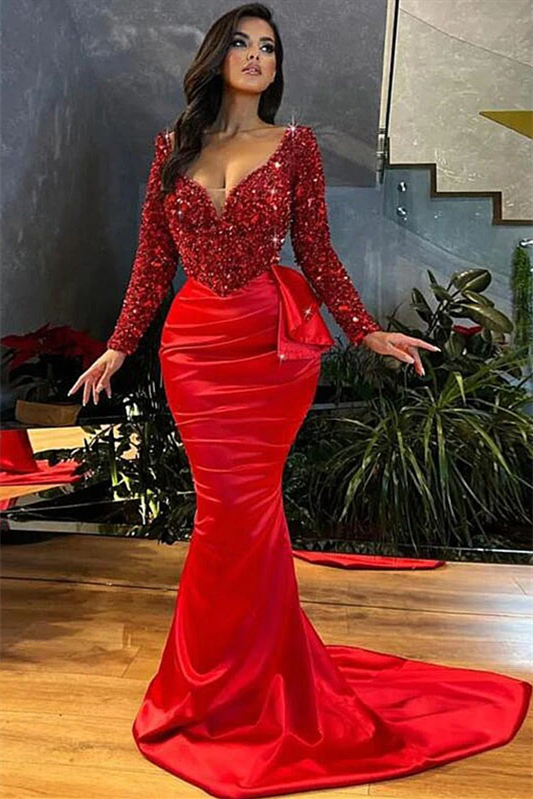 Gorgeous Red V-Neck Long Sleeves Mermaid Prom Dress With Sequins