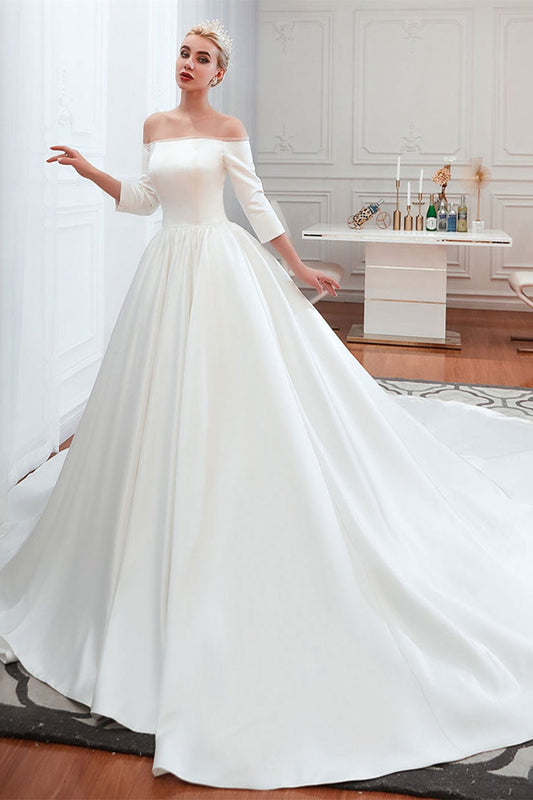 Off-the-Shoulder Satin Wedding Gown with Half Sleeves