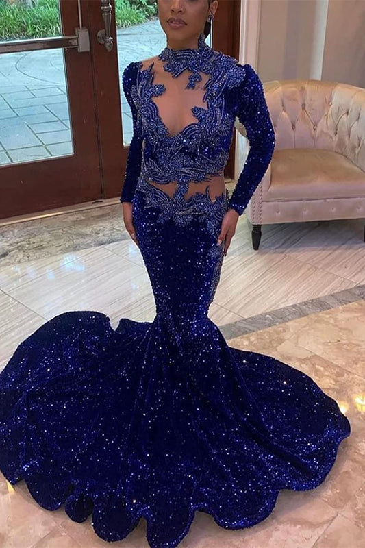 Modern Dark Blue High Neck Mermaid Prom Dress With Sequins Beadings Long Sleeves