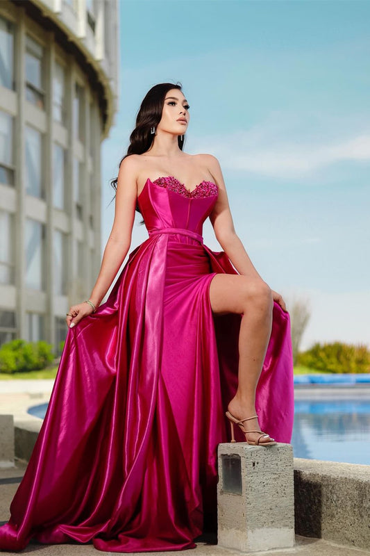 Popular Fuchsia Sweetheart Sleeveless Mermaid Prom Dresses With Split Beads Overskirt