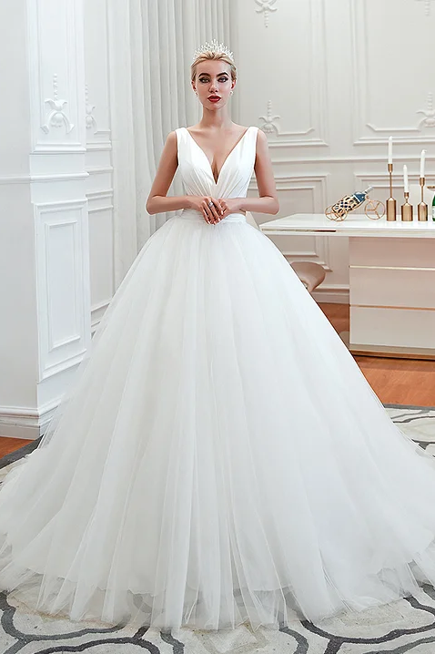 Elegant A-Line Wedding Gown with Deep V-Neck and Wide Tulle Straps
