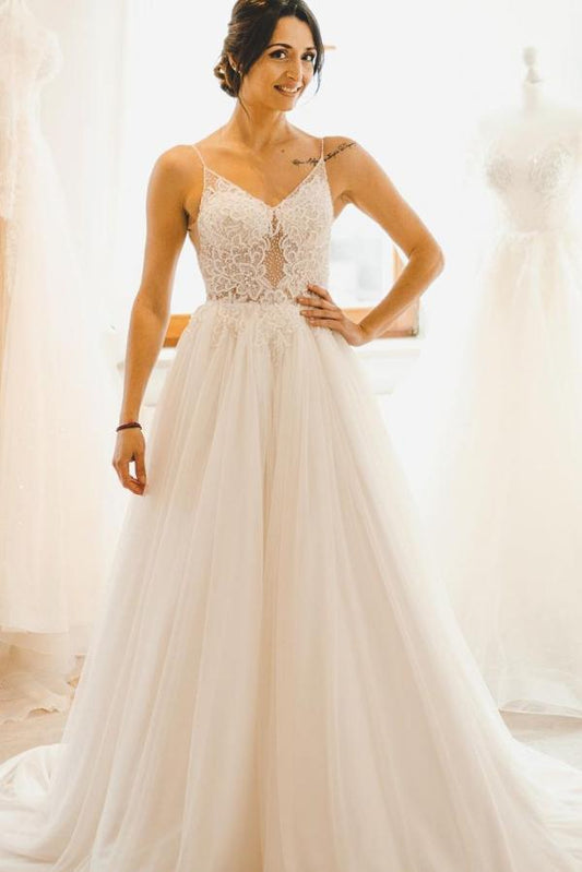 Elegant A-line Wedding Gown with Long Spaghetti Straps and Tulle