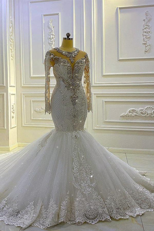 Elegant Long-Sleeve Pearl Sequin Bateau Mermaid Bridal Gown with Lace Beading