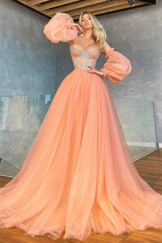Modern Light Orange Sweetheart Prom Dress Tulle With Beads Detachable Sleeves