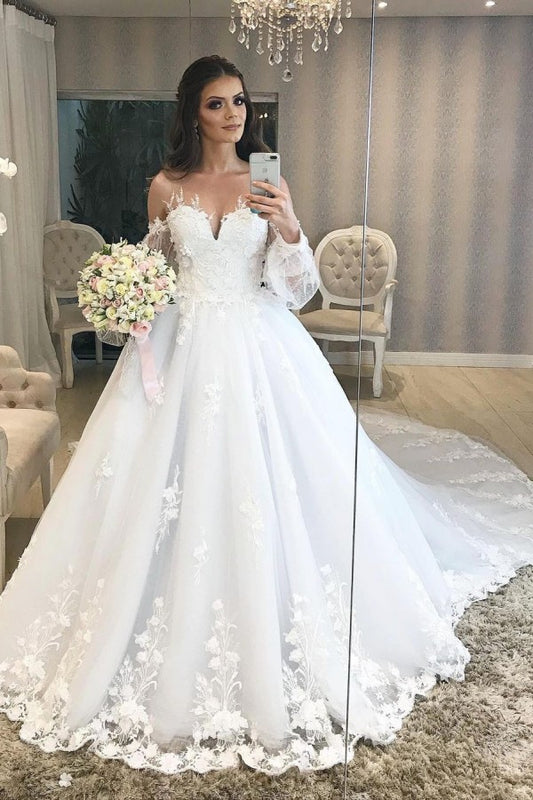 Elegant Off-the-shoulder Princess Wedding Gown with Long Tulle Skirt and Bubble Sleeves