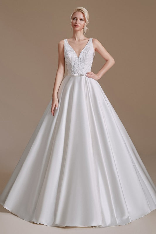 Elegant V-neck A-line Satin Wedding Gown with Lace Appliques