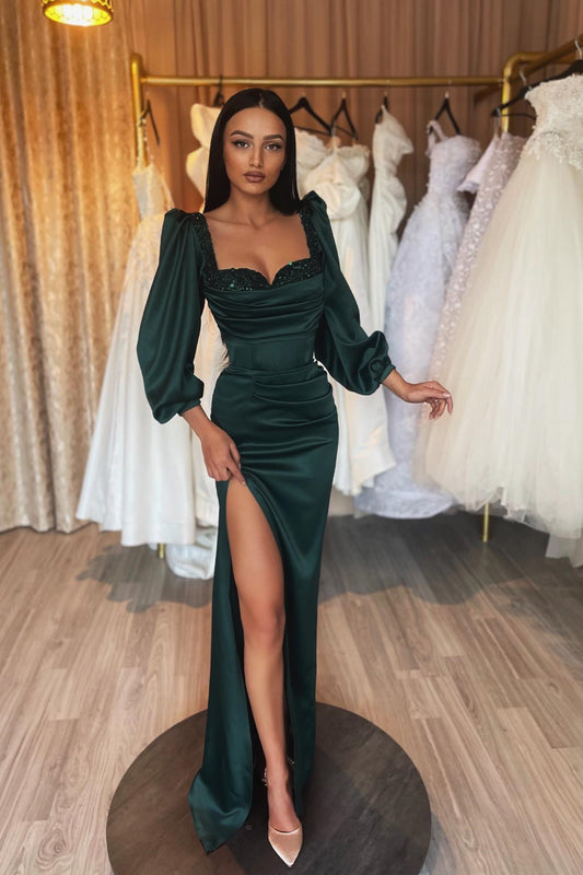 Chic Dark Green Sweetheart Long Sleeves Mermaid Prom Dress Sequins With Split