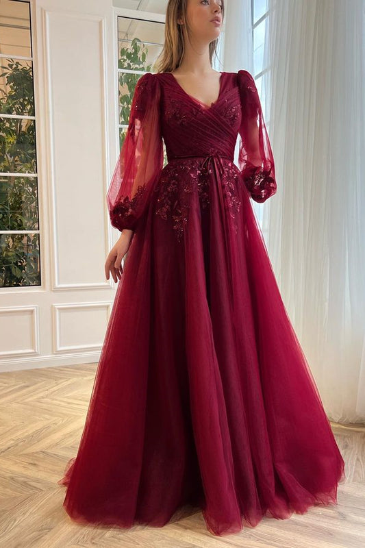 Classy Burgundy Long Sleeves Prom Dress V-Neck Tulle With Appliques