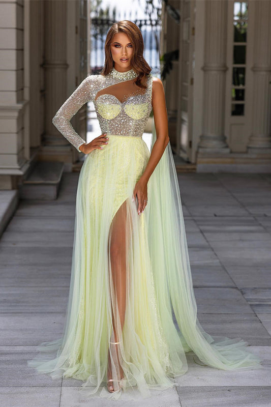 Glamorous Daffodil High Neck Prom Dresses Long Sleeves Tulle Split With Sequins Beads