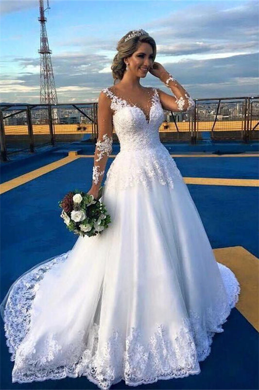 A Line Lace Wedding Dress with V Neck and Long Sleeves