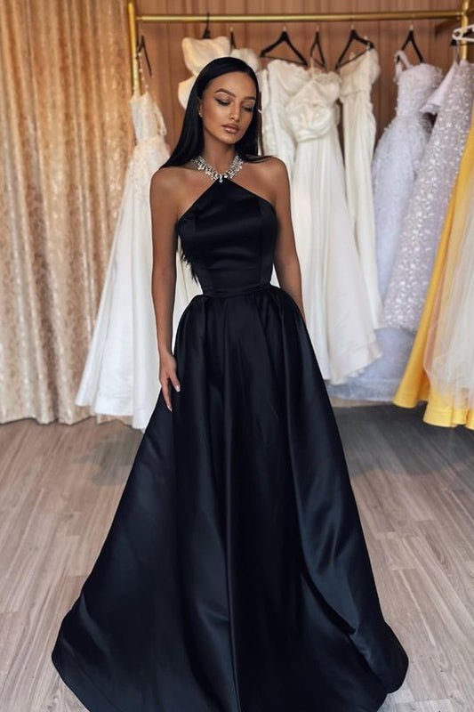 Amazing Halter Sleeveless Black Prom Dress Long Satin Party Gowns