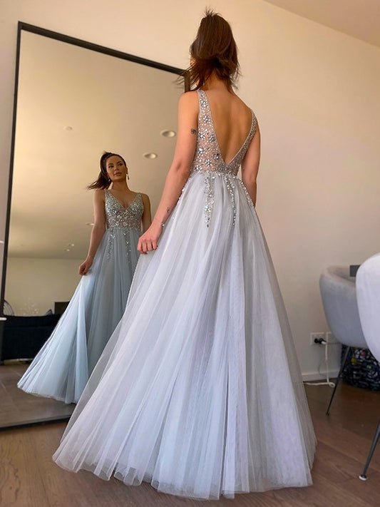 Modern V-Neck Sleeveless Prom Dress With Crystals