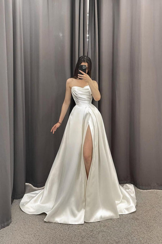 Elegant White Satin Long Strapless Pleated Wedding Gown with Side Split