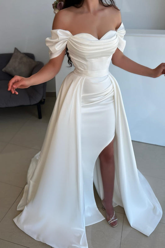 New Arrival White Off-The-Shoulder Sweetheart Mermaid Prom Dress Detachable Skirt With Split