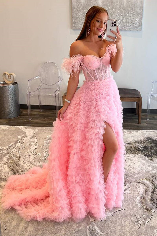 Off-the-Shoulder Pink Prom Dress Feather With Tulle Split