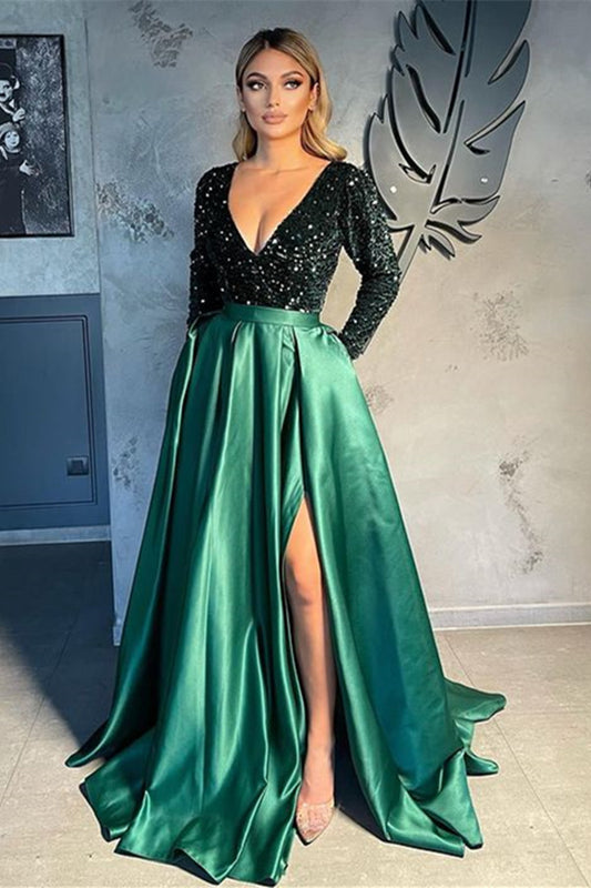 Gorgeous Long Sleeves V-Neck Prom Dress Sequins Party Gowns With Slit