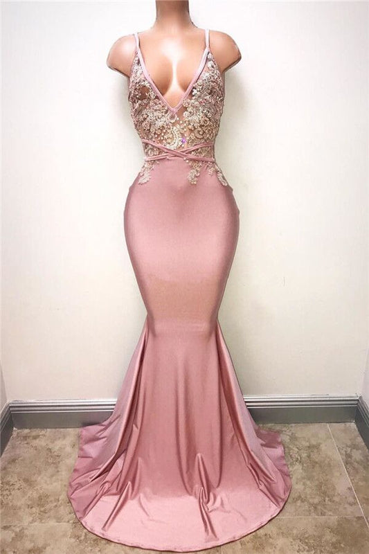 Gorgeous Pink Spaghetti-Straps V-Neck Prom Dress Mermaid With Appliques