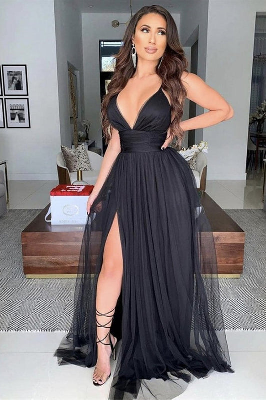 Amazing Black V-Neck Prom Dress Split Tulle Long