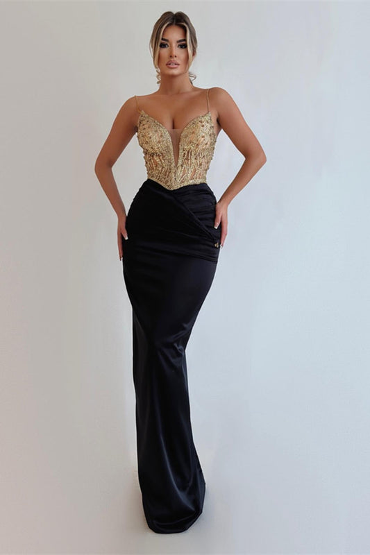 Classy Black Spaghetti-Straps Prom Dress Mermaid Sleeveless With Beads