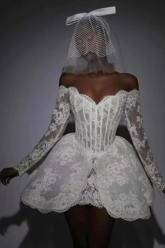 Elegant Off-The-Shoulder Short Wedding Gown With Long Sleeves