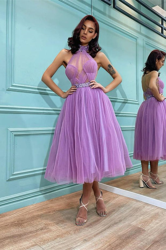 Amazing Lavender High Neck Short Tulle Prom Dress