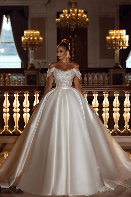 Elegant Off-The-Shoulder Satin Bridal Gown with Sequins