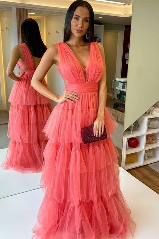 Fabulous Watermelon Sleeveless Tulle Long Prom Dress