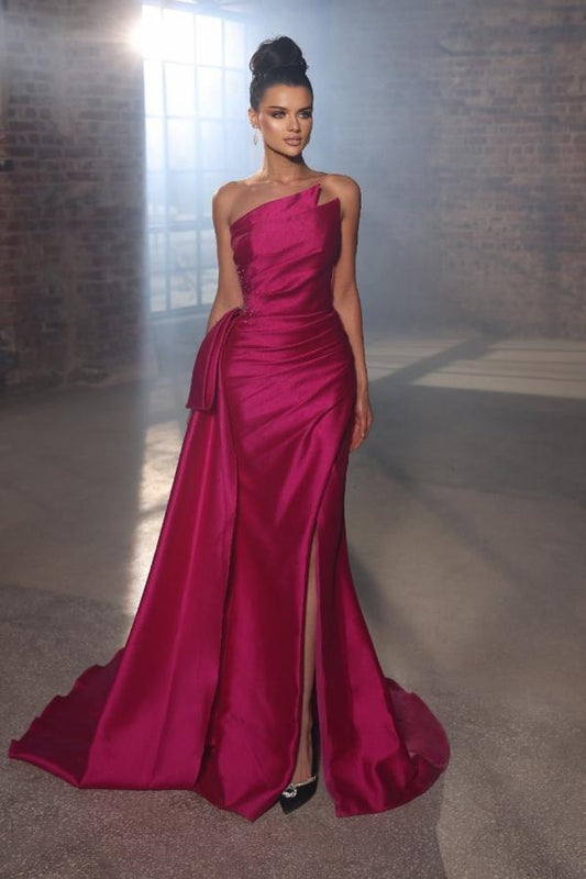 Modern Fuchsia Strapless Prom Dresses Mermaid Sleeveless Pleats WIth Ruffles