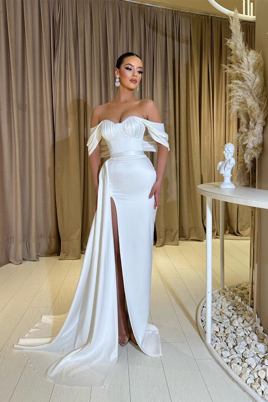 New Arrival White Off-the-Shoulder Mermaid Prom Dress Split With Ruffles